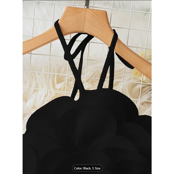 Black Oversized 3D Flower Halter Crop Top –  Backless Party & Festival Blouse - Picture 5 of 5